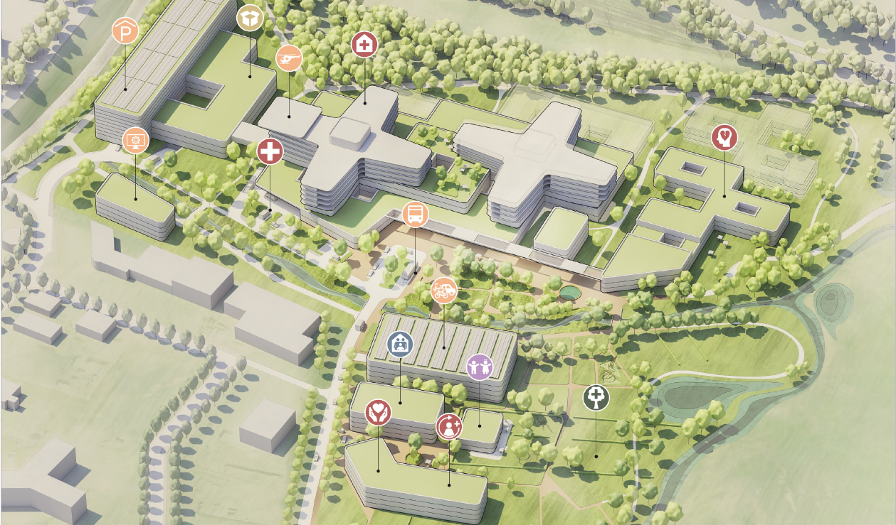 Siegerentwurf des Ideenwettbewerb zeigt Lageplan des neuen Hospitals